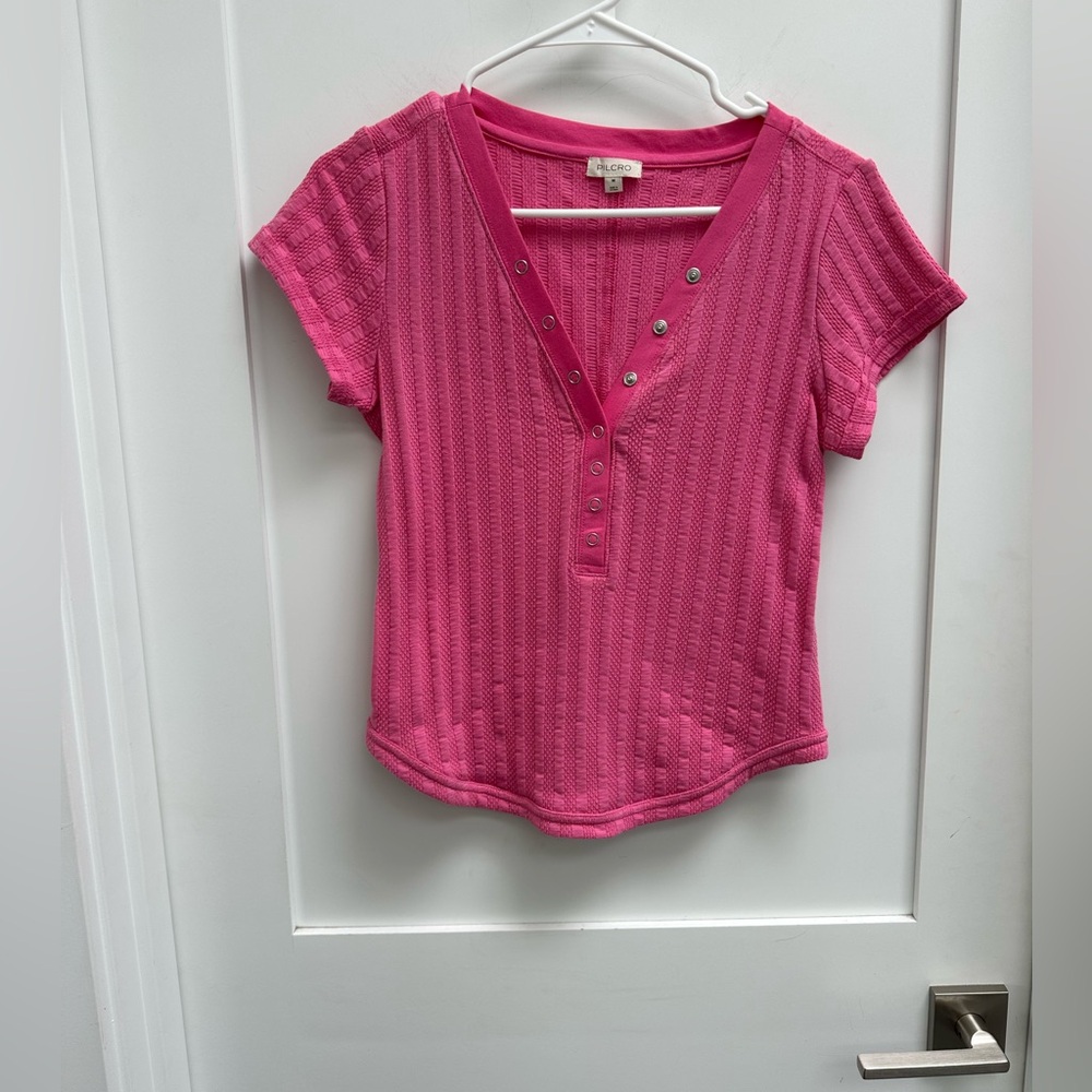 Anthropologie Pilcro Rose Pink Snap Up Ribbed Short Sleeve Shirt